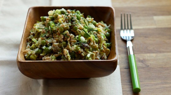 Farro salad with peas, leeks, and pistachios