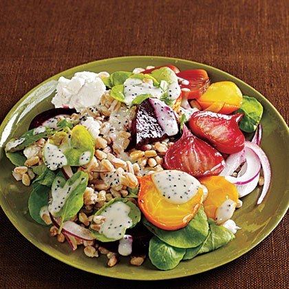 Farro salad with roasted beets, watercress, and poppy seed dressing
