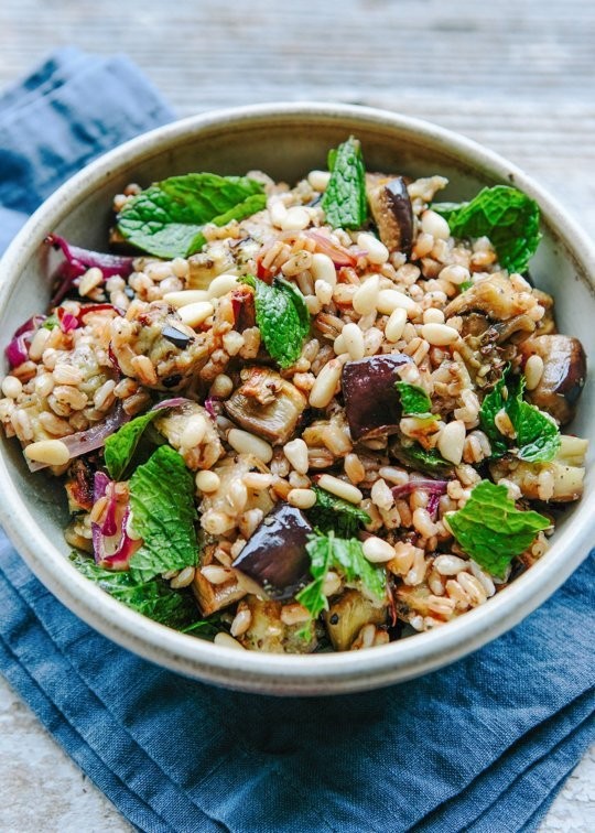 Farro salad with roasted eggplant, caramelized onion, and pine nuts