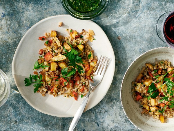 Farro salad with roasted root vegetables