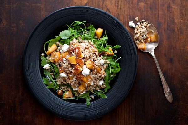 Farro salad with roasted rutabaga, ricotta salata and hazelnuts