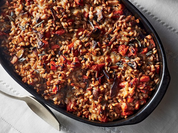 Farro stuffing with miso mushrooms