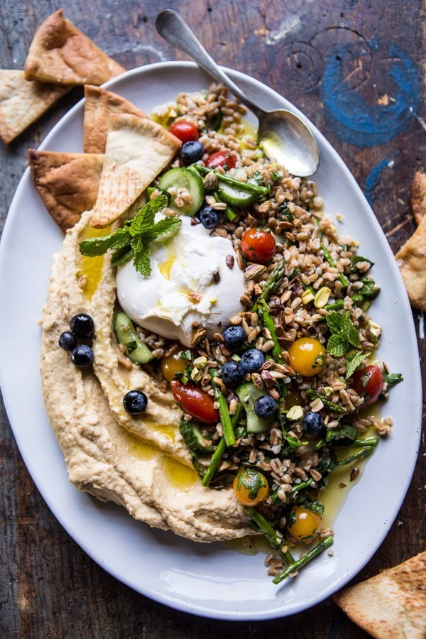 Farro tabbouleh with burrata and hummus