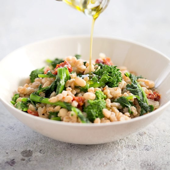 Farro, white bean, and broccoli rabe gratin