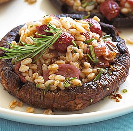 Farro with balsamic-rosemary-roasted shallots and grapes over roasted portobellos