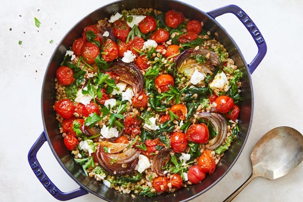 Farro with blistered tomatoes, pesto and spinach [Yasmin Fahr]