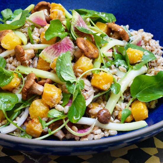 Farro with butternut squash and pickled chanterelles 