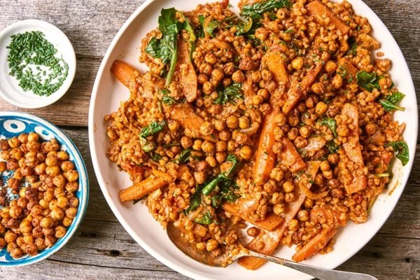Farro with carrots, preserved lemon & crispy chickpeas
