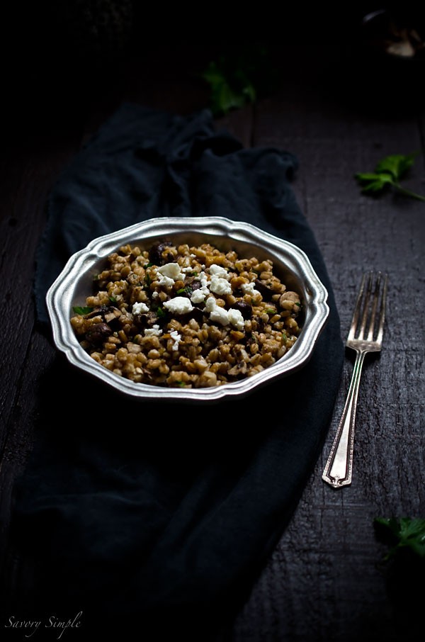 Farro with cremini mushrooms, walnuts and feta