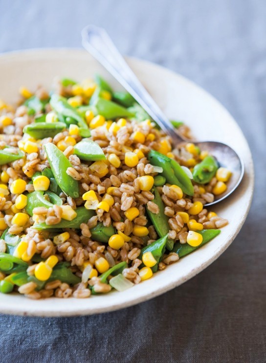 Farro with fresh corn & sugar snap peas
