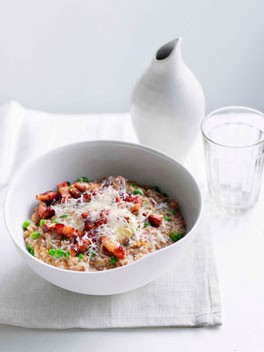 Farro with pancetta, peas and mascarpone