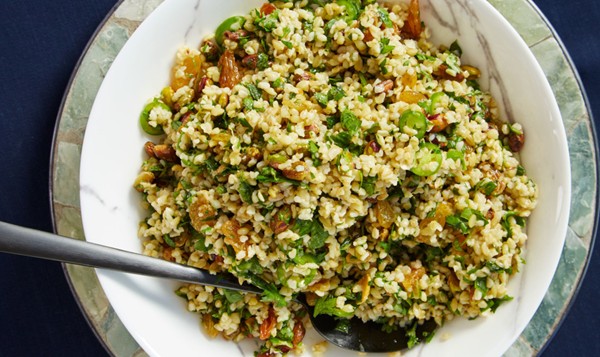 Farro with pistachios, mixed herbs, and golden raisins