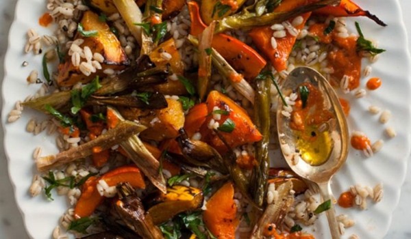 Farro with roasted leeks and smoky-sweet romesco