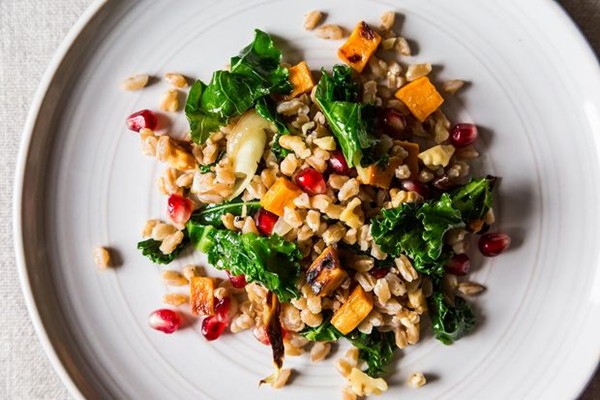 Farro with roasted sweet potato, kale and pomegranate seeds