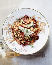 Farro with Spanish chorizo, feta and dill