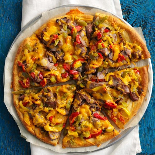 Fast Philly cheesesteak pizza