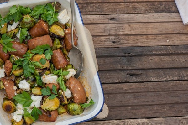 Fast roast chorizo with hot feta & Brussels sprouts