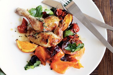 Fast roast spatchcock with oranges, olives and parsley