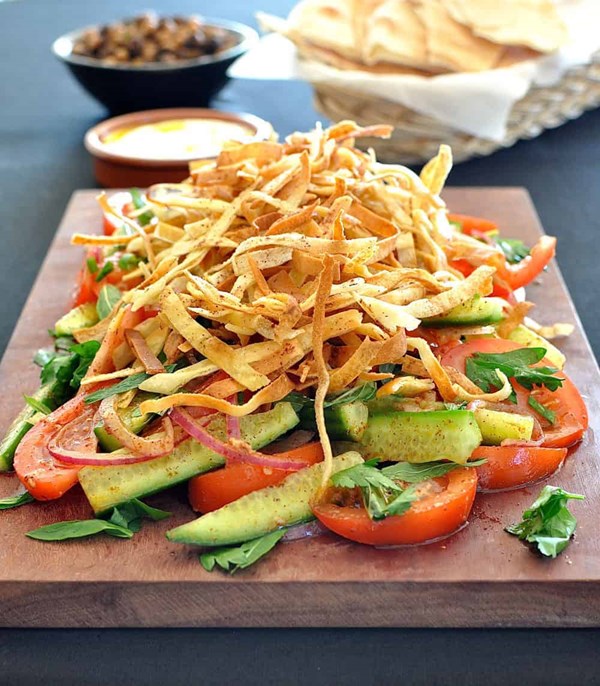 Fattoush with crunchy flatbread ribbons