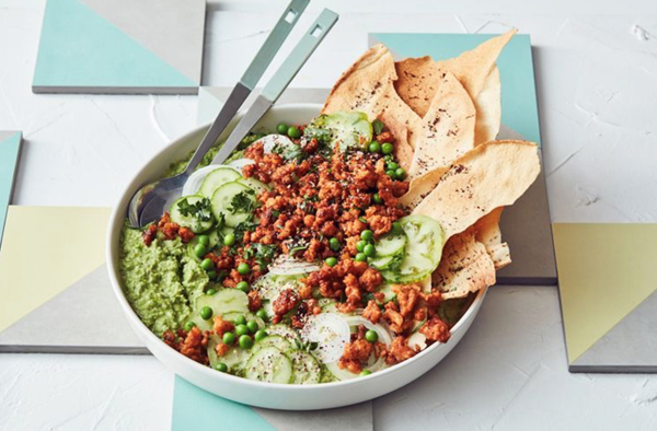 Fattoush with pea hummus and smoky prawns
