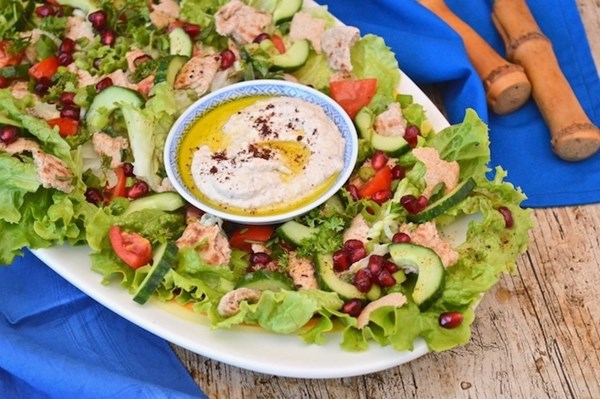 Fattoush with sumac hummus