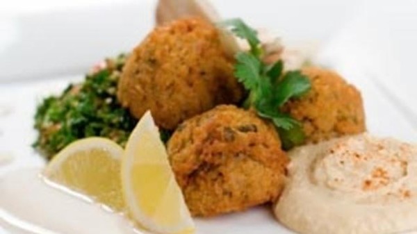 Fava bean and green chilli falafel with yoghurt and tahini sauce