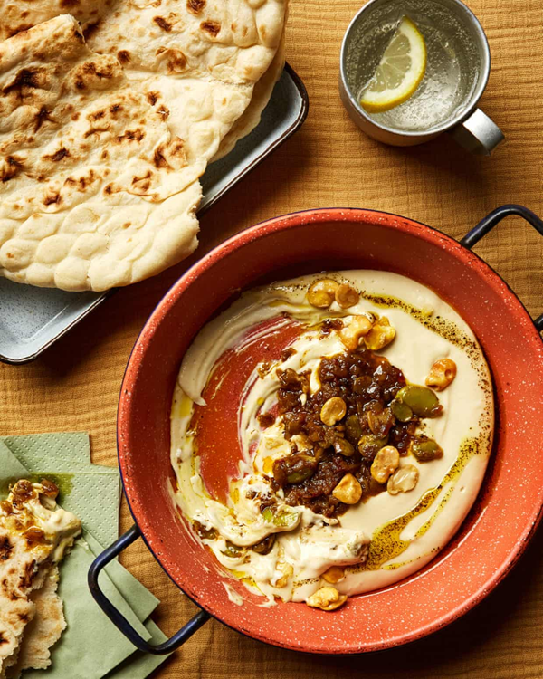 Fava bean and vadouvan oil dip with broad beans