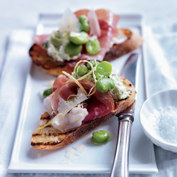 Fava bean crostini with prosciutto & mint [Andrew Carmellini]