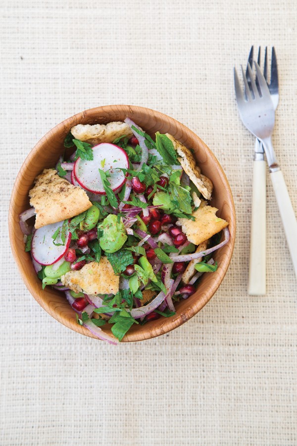 Fava bean, herb, and pomegranate fattoush