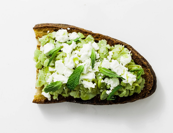 Fava bean mash on toast with feta and mint