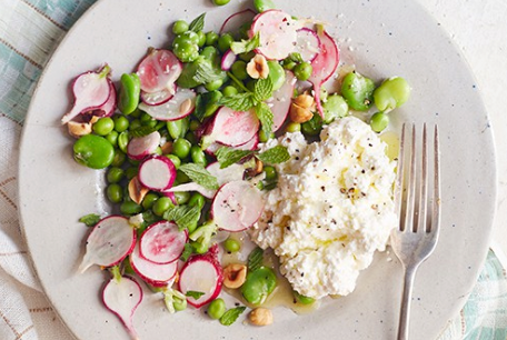 Fava bean, pea, and radish salad with ricotta