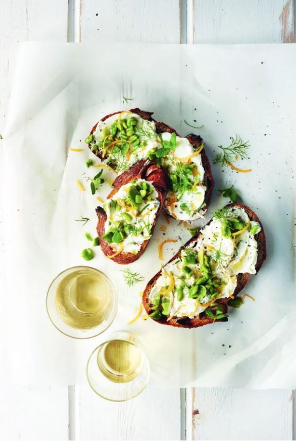 Fava bean toasts with ricotta and mint