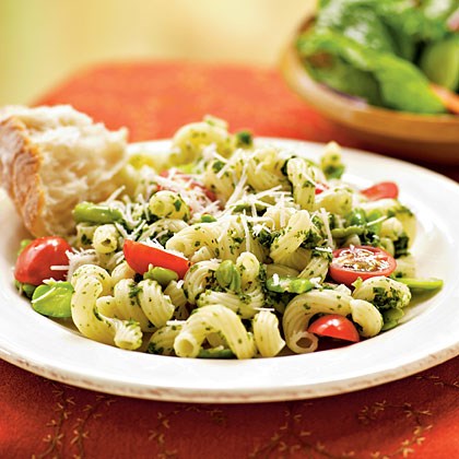 Fava beans with pesto and cavatappi