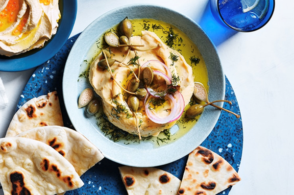 Fava dip with pickled red onions and caperberries