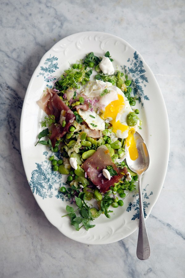 Favas and peas with prosciutto and fried egg