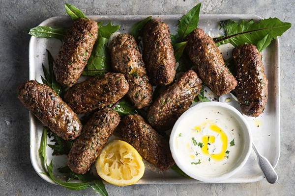 Feather and Bone's lamb long things (kofta) with yoghurt sauce