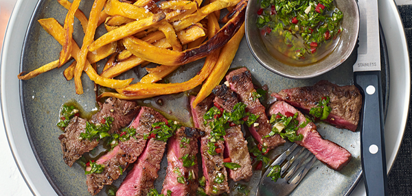 Feather steaks with chimichurri and sweet potato fries