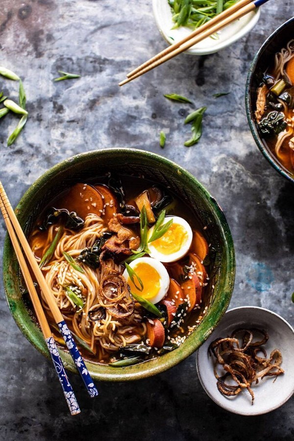Feel good ramen with sweet potatoes and crispy shallots