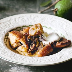 Feijoa, chocolate and ginger croissant pudding