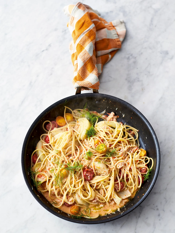 Fennel & crab pasta with cherry tomatoes & a kick of fresh chilli