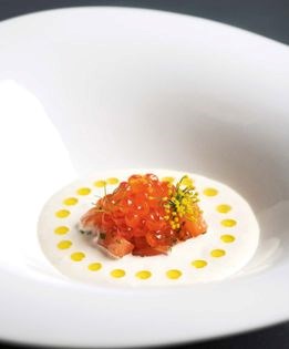 Fennel and almond gazpacho with smoked salmon dominos and salmon roe