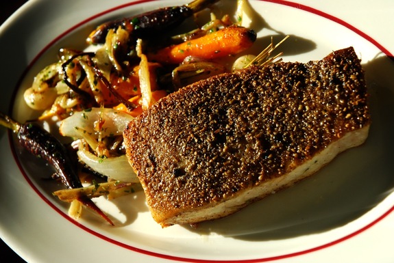 Fennel and black peppercorn crusted swordfish with pan roasted carrots