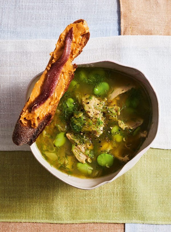 Fennel and chicken soup with anchovy toasts