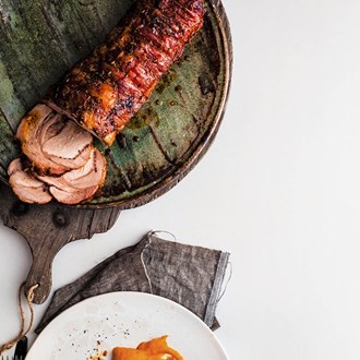 Fennel and chilli roast pork with pumpkin purée