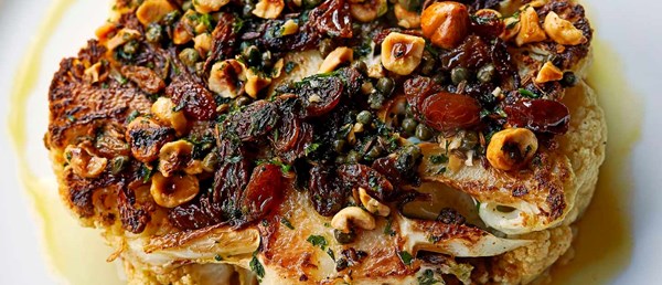 Fennel-and-cumin-roasted cauliflower with red lentil purée