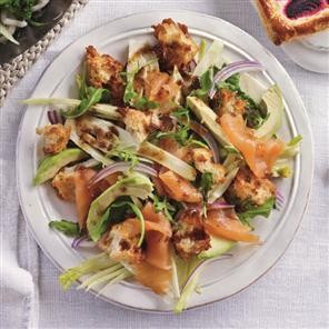 Fennel and smoked salmon salad with sourdough croutons