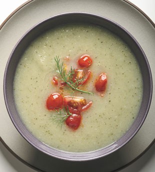 Fennel and zucchini soup with warm tomato relish