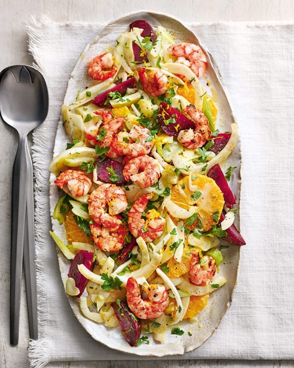 Fennel, beetroot and orange salad with griddled prawns 
