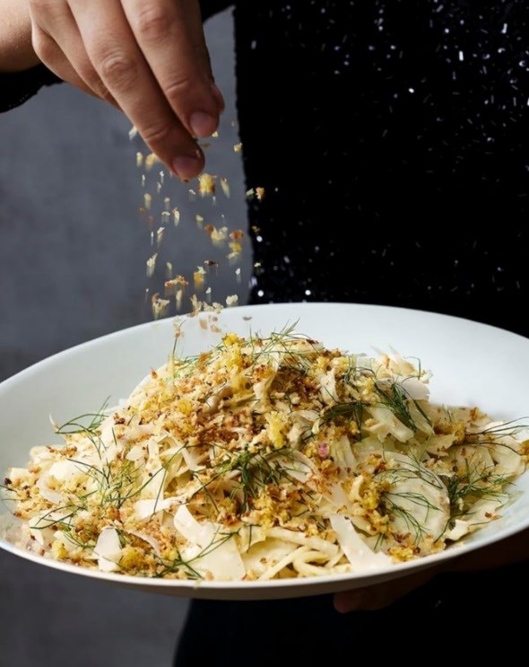 Fennel Caesar salad with garlic lemon panko