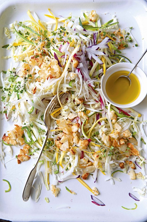 Fennel, Chinese leaf, courgette and radish slaw with crispy halloumi crumbs and honey and lemon dressing
